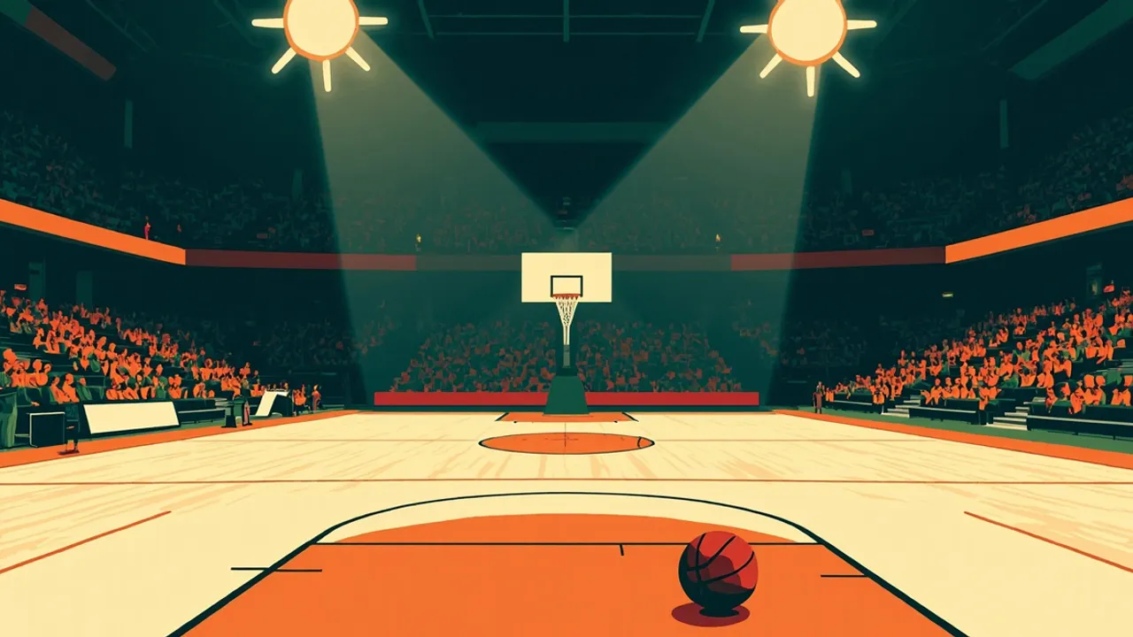 Vue depuis la ligne de fond d'une salle de basketball couverte comble, parquet éclairé par le haut, un ballon posé près de la ligne de lancer franc, tribunes remplies de silhouettes.