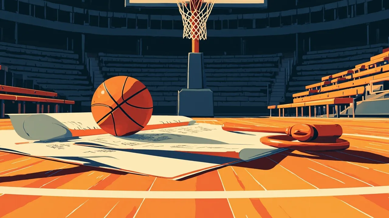 Un terrain de basket vide avec un ballon, des documents tamponnés et un marteau de juge sur la table de marque, illustrant un conflit de gouvernance autour de la sélection d'une équipe.