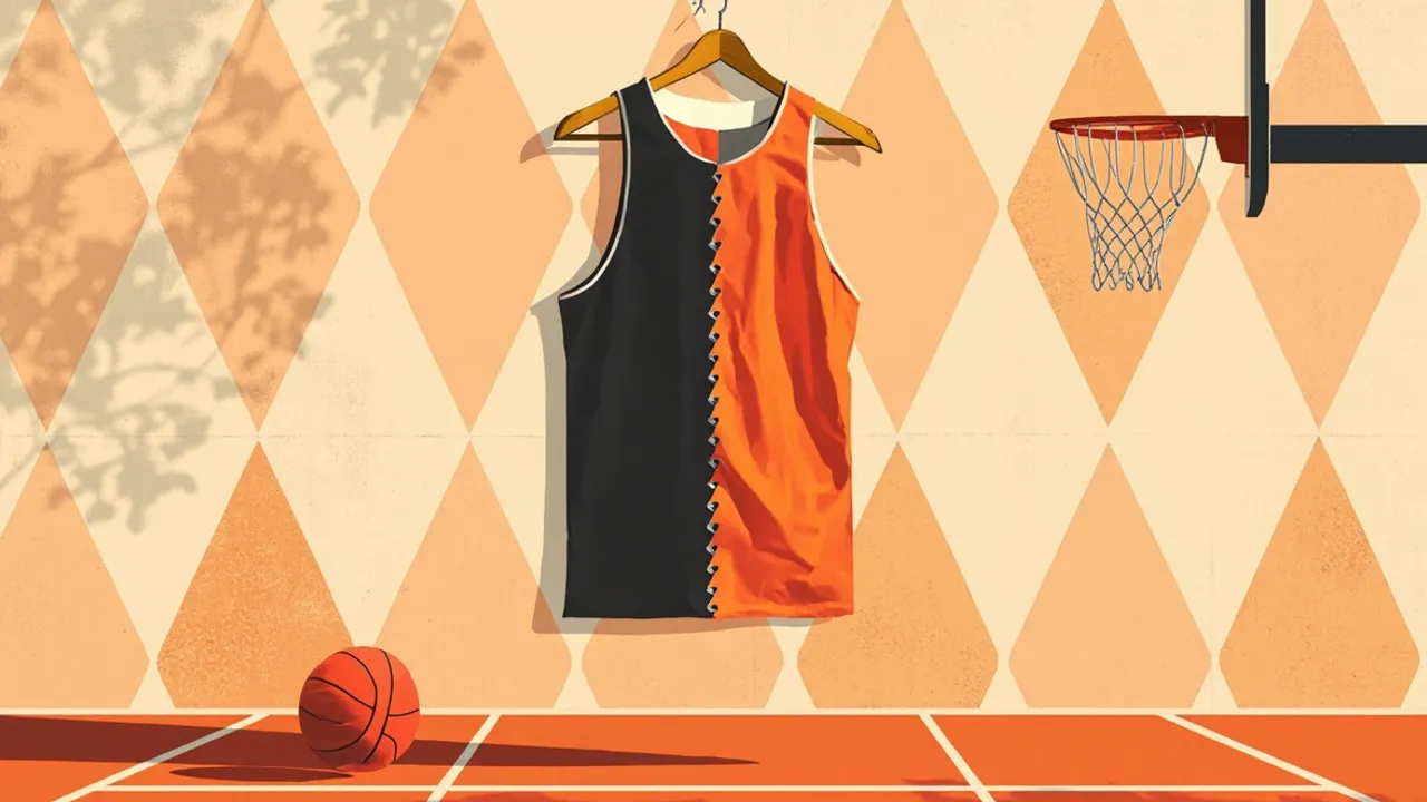 A split-color jersey hangs center frame above a basketball on a court, beside a hoop, against a patterned background, symbolizing a player's transfer between two clubs.