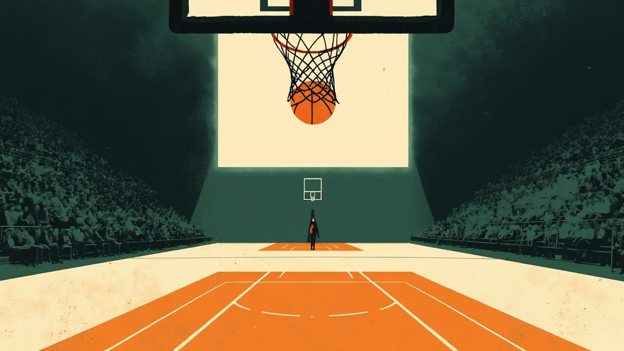 Low-angle view from under basketball hoop inside bright arena, one person wey wear green and white jersey dey stand on top ball for polished court.