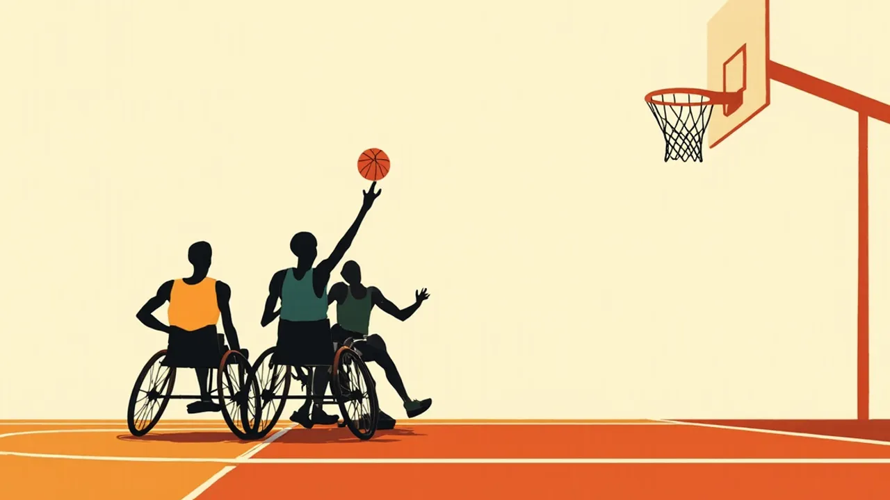 A silver trophy on a calendar page showing August, a basketball at its base, a wheelchair rim, a whistle and a folded team jersey on the court.
