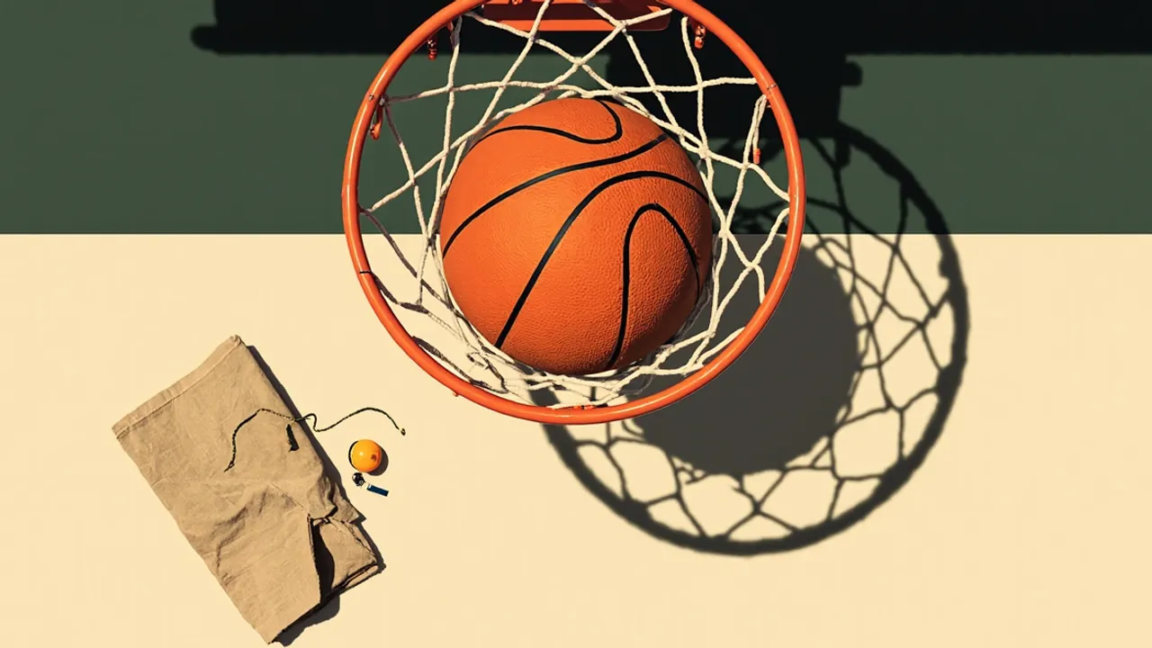 A lone ball hangs in a hoop above a hardwood court, with a discarded towel and whistle nearby.