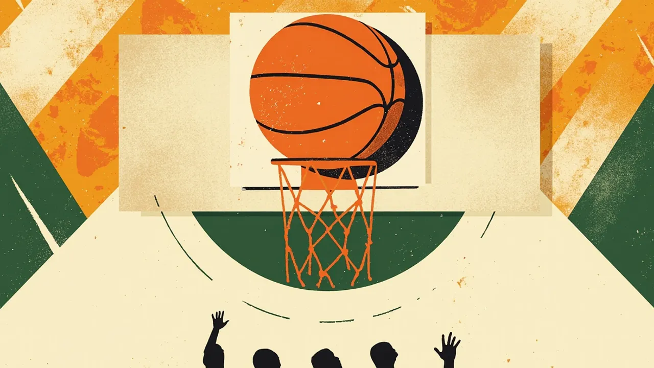 A large green-and-white basketball arcs over a hoop as three faceless players reach upward on a patterned court.