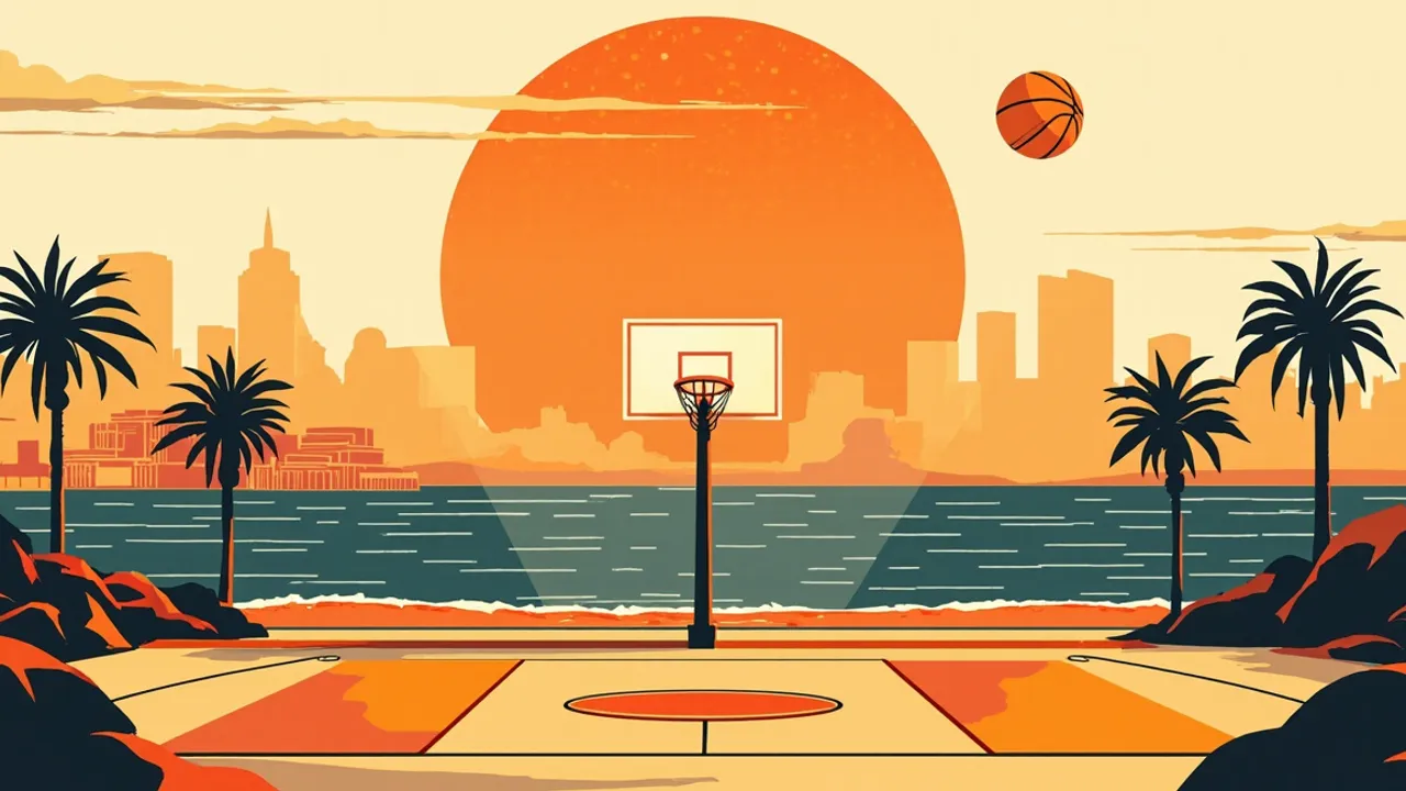 A coastal city skyline at sunset with an outdoor basketball court in the foreground plaza and a basketball rising over the ocean like a sun.