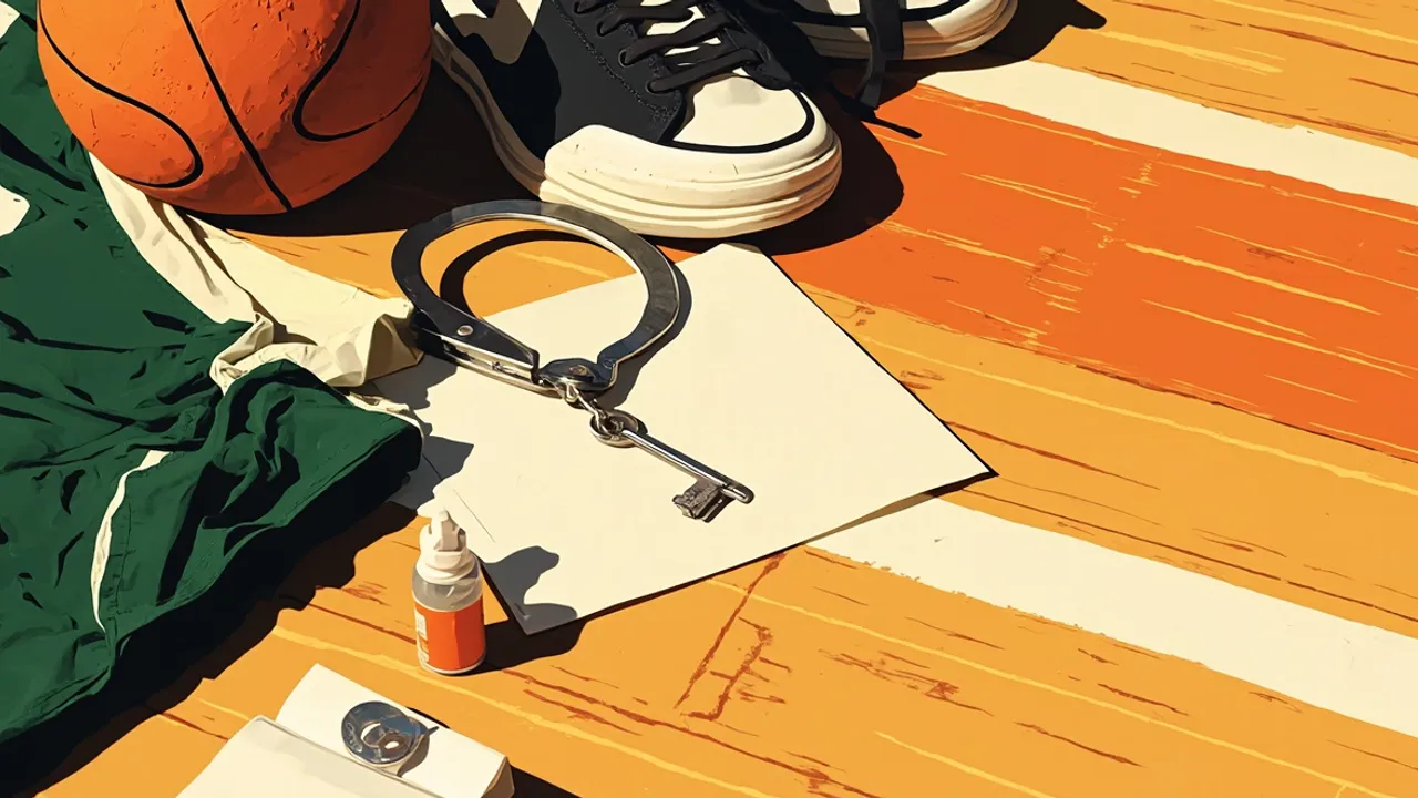 Nature morte sur un plancher en bois : des menottes ouvertes avec une clé, un ballon de basketball, des baskets, un maillot vert et blanc plié, et un petit flacon de médicaments.
