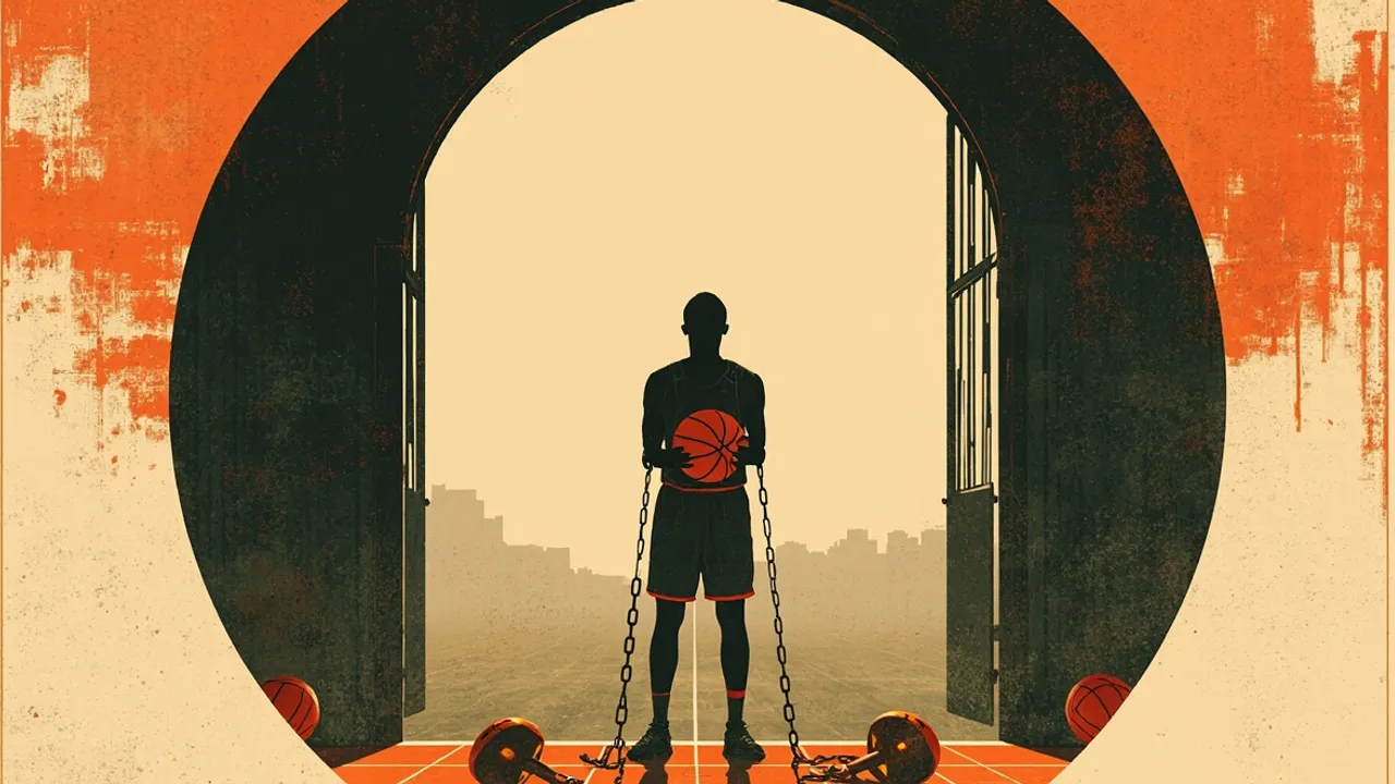 Illustration d'une figure sans visage en tenue de basketball tenant un ballon, avec des chaînes brisées aux poignets et un marteau de juge aux pieds, sur un fond à motifs.