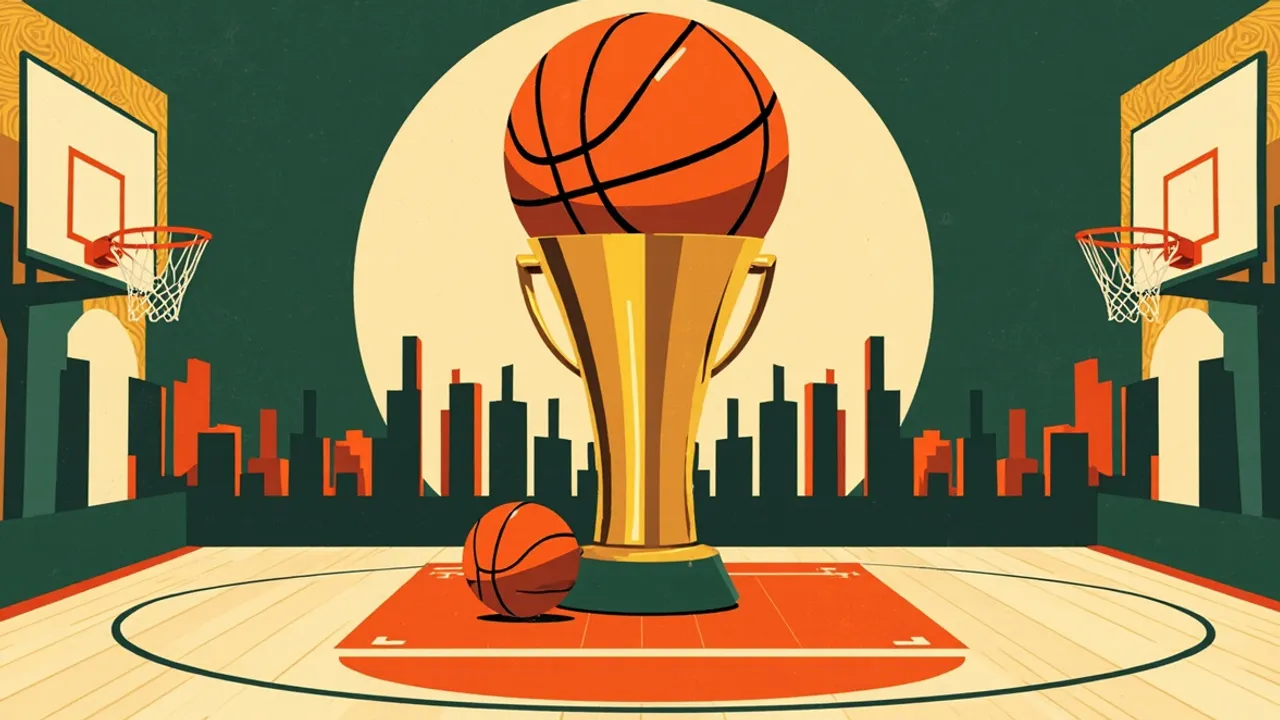 One central basketball trophy wit ball finial dey sit for parquet court, surrounded by three faceless silhouettes and one patterned background wey get green, gold and white.