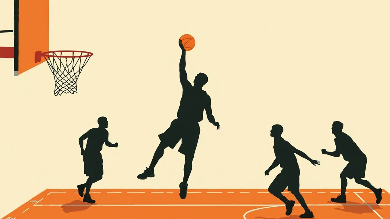 A silhouetted player dunks over three defenders beneath the basket on a marked indoor court.