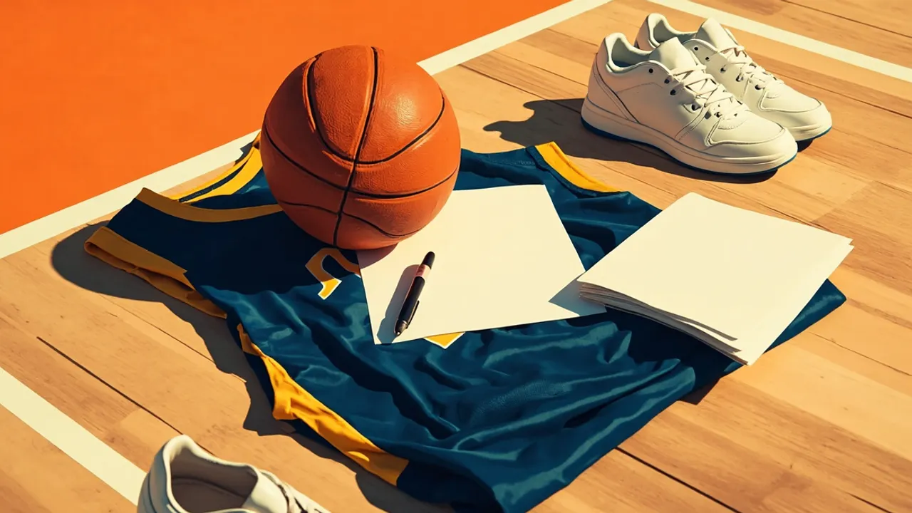 For one polished hardwood court, one folded navy-and-gold jersey dey on top wit basketball, pen and contract papers, wit sneakers near, as if to show say signing dey happen.