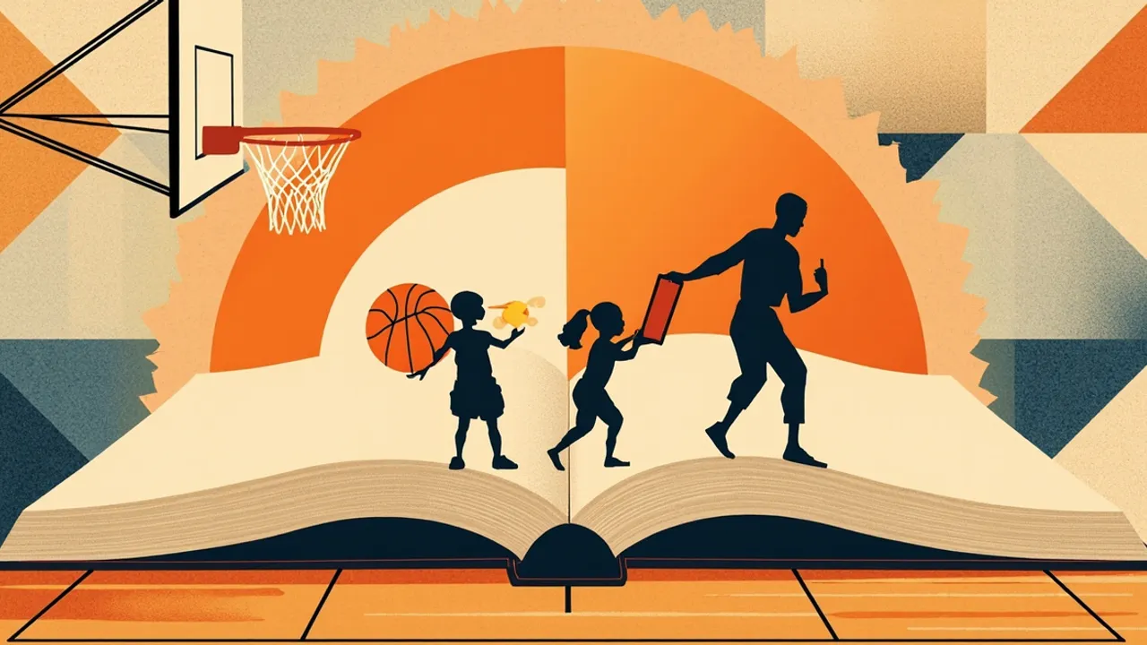 A stylized emblem shows a faceless adult handing a tablet to children on a basketball court key, framed by an open book rising into a hoop and net, with one ball on the floor.