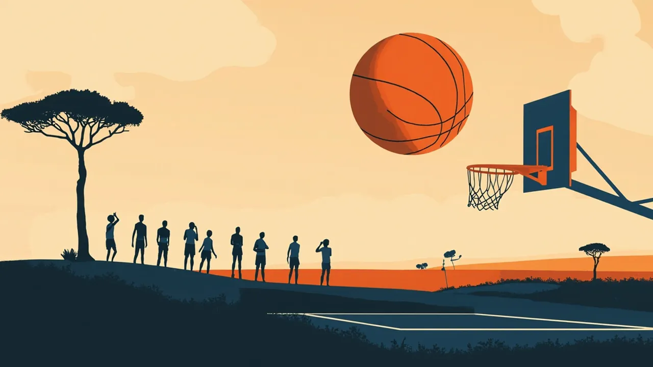A dusk savanna scene where six faceless figures stand on the land, facing a hoop with a ball balanced like a rising sun.