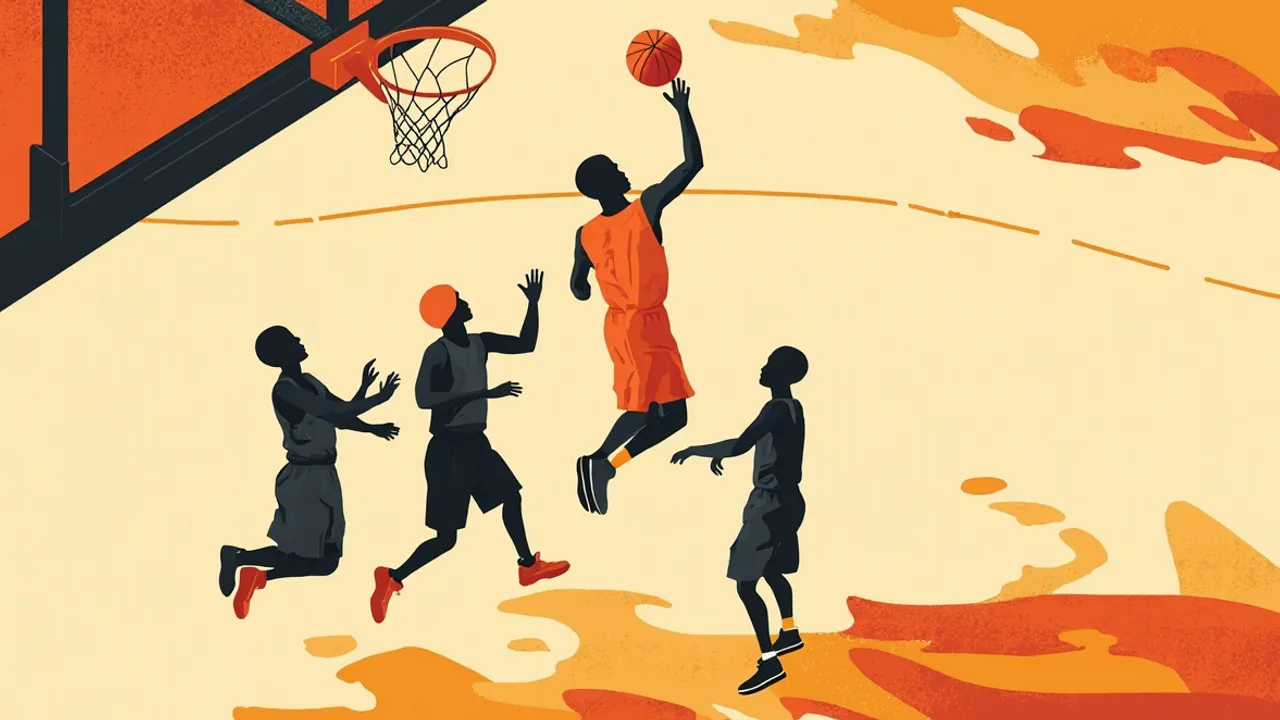 A faceless player rises for a decisive jump shot as two defenders contest beneath the basket on a visible indoor court.