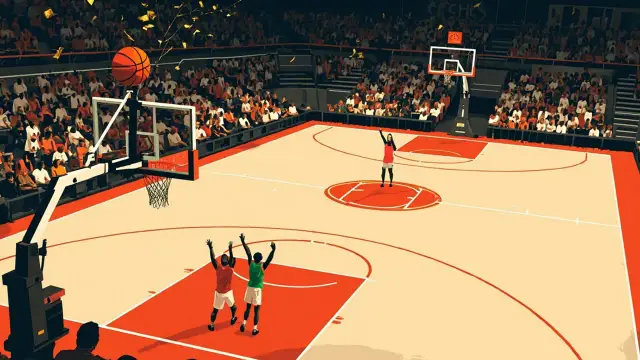 From di upper stands of one indoor arena, two small silhouettes dey celebrate under one raised hoop as basketball hang near di rim and confetti dey fall on top di court.