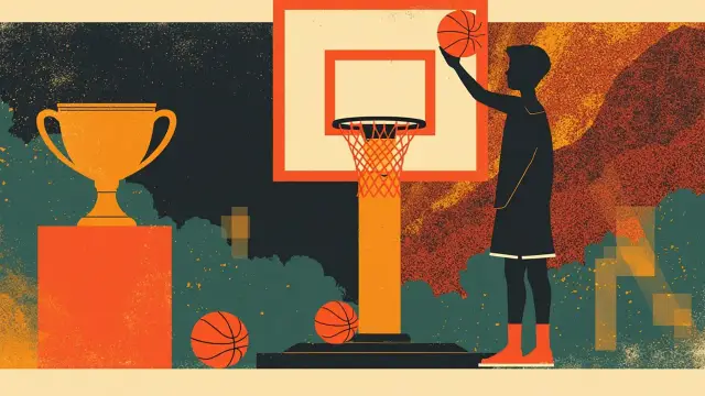 Une grande silhouette sans visage tenant un ballon de basket à côté d'un trophée doré, avec un panier en arrière-plan, sur un tissu africain à motifs aux couleurs bordeaux, or et vert.