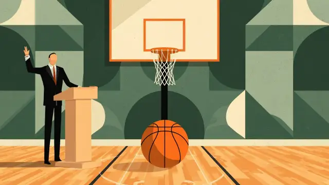 A faceless silhouette speaks at a lectern on a basketball court, with one orange ball centered under the hoop, framed by a green and white geometric pattern.