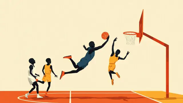 Two faceless silhouette dey fight under hoop for indoor court wey get line, as one of dem dey rise for layup and orange basketball dey hang between dia hands.