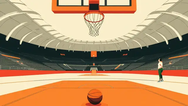 View from under a basketball hoop inside an empty domed arena, a single ball resting on the court beneath the net.