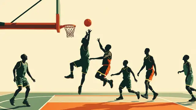A faceless national team jersey in green and white hangs on a wooden hanger from a basketball hoop inside an arena, with two silhouettes standing before it and one ball on the court.