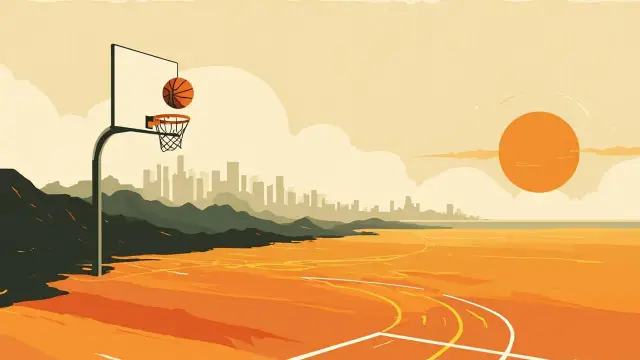 Un paysage panafricain à l'heure dorée, la savane rejoignant la côte, avec un terrain peint à travers les plaines et un ballon de basket s'élevant au-dessus d'un panier à l'horizon.