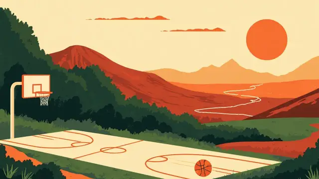 A dawn landscape of Africa wey dem divide into seven tonal zones of coast, forest, savanna, river, plateau, desert and island, with open-air basketball court and hoop for foreground.