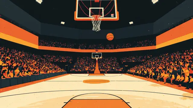 Une salle intérieure bondée, vue depuis dessous un panier, avec un ballon de basket au-dessus du terrain et une foule dense qui regarde.