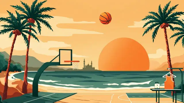A coastal West African skyline at sunset with a cracked basketball court on the sand, a ball rising like the sun, and a gavel on a scorer's table.