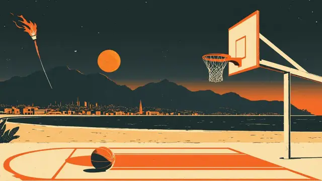 A torch-lit coastal skyline rises behind a half basketball court on a sandy shore, with a single orange ball resting on the hardwood.