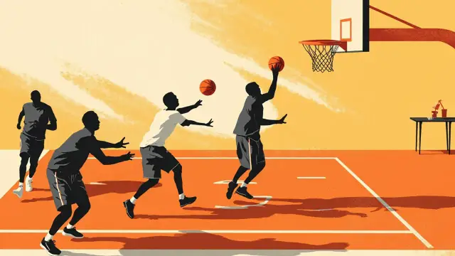Illustration plate d'un terrain de basket où une joueuse sans visage, agenouillée, serre un ballon sous la pression défensive, avec un marteau de juge posé sur la table du marqueur, évoquant une résolution juridique sur le terrain.