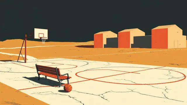 Paysage stylisé de quatre bâtiments de détention reliés par une route, avec un banc vide et un ballon de basket solitaire sur un terrain fissuré sous un panier affaissé.