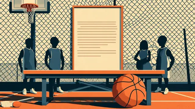 Faceless figures on a basketball court, one seated with an ice pack on a hurt knee next to an idle ball, while another points toward a plain door.