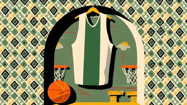 Un maillot de basket vert et blanc suspendu à un cintre devant un panier, avec un ballon de basket posé sur un banc en dessous, le tout sur un fond à motifs géométriques vert, blanc et noir.