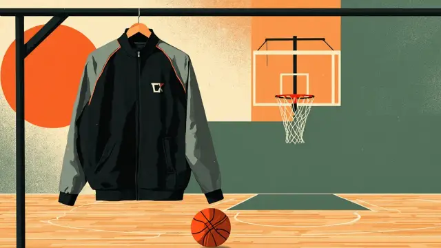 Un panier de basketball de style plat avec un sifflet suspendu à l'anneau et un ballon en dessous, sur un fond aux motifs rouge, noir et blanc pour annoncer un nouvel entraîneur principal.