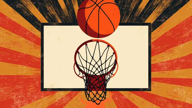 Basketball ball fall through hoop above player without face, with bold red, black and gold court pattern around am.