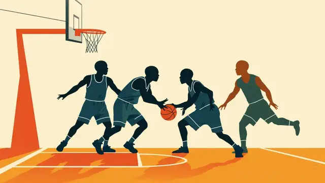 Quatre joueurs de basket sans visage en position défensive de switch sur un parquet autour d'un ballon, avec un grand panier derrière eux.