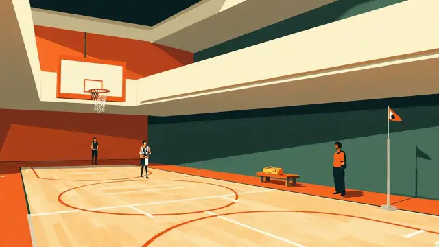 Low-angle indoor basketball arena scene with a hoop and net in the foreground, faceless players on a polished court, and a folded kit on a bench.