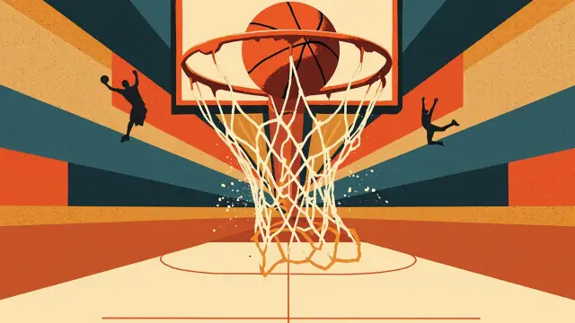 Un ballon de basket orange traverse un filet blanc, devant un arrière-plan à motifs, tandis que deux silhouettes sans visage célèbrent une victoire record en prolongation.