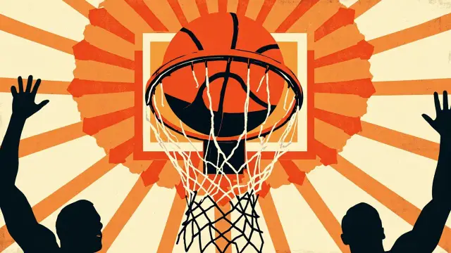 A basketball drops through a hoop between two celebrating silhouettes against a bold patterned backdrop.