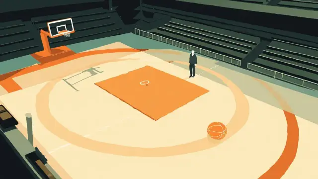 Top-down view of an empty basketball court with a single ball on the free-throw line and a gavel resting on the scorer's table, evoking a federation election.