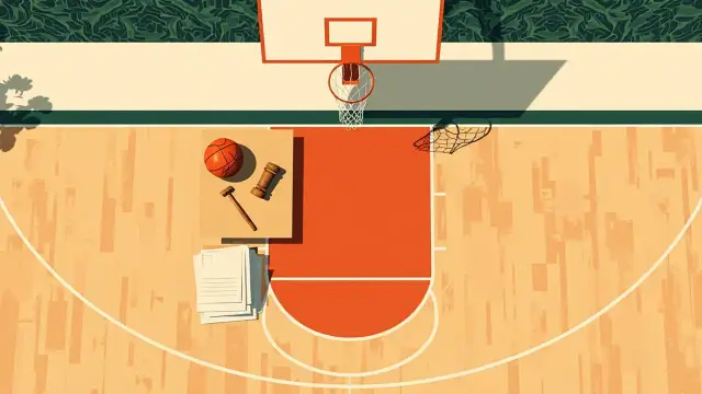 Vue aérienne d'un terrain de basket vide avec un marteau de juge posé sur un ballon de basket unique sur la table du marqueur, évoquant une réunion contestée de la fédération.