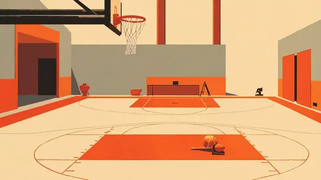 Vue intérieure d'un terrain de basket-ball vide prise depuis derrière le panier, avec un marteau en bois posé sur la table des marqueurs à côté d'une silhouette sans visage, symbolisant un conflit au sein de la direction d'une fédération.