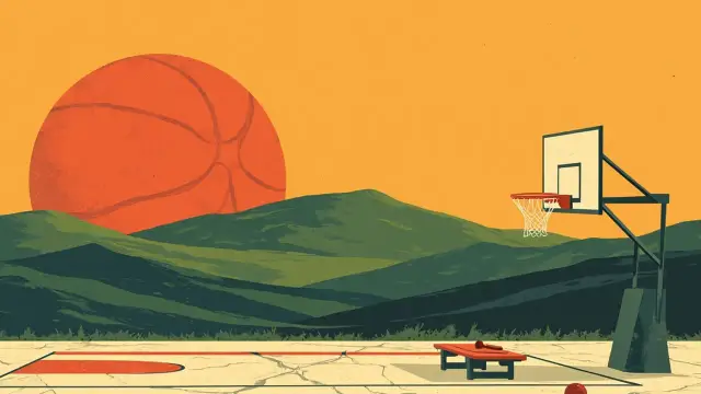 Un paysage de savane au coucher du soleil avec un ballon de basket se levant comme un soleil, un panier solitaire sur un terrain fissuré, et un marteau de juge sur une table de marque vide.