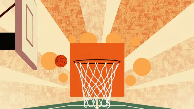 A bold basketball hoop with a single ball mid-flight above the net, set against a patterned backdrop with five circular host-city beacons radiating outward.