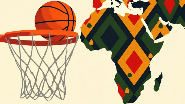 Illustration of a basketball hoop over a patterned African continent map, with five group nodes split into East and West conferences leading to a finals bracket.