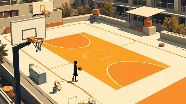 A wide view of a freshly renovated outdoor basketball court, with a hoop in the foreground, a young player holding a ball on the freshly painted surface, and paint buckets and blueprints by the sideli