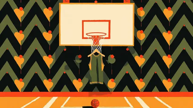 One bold basketball hoop wit one green and yellow jersey wey dey hang plus one ball for wooden court, set against geometric African textile pattern.