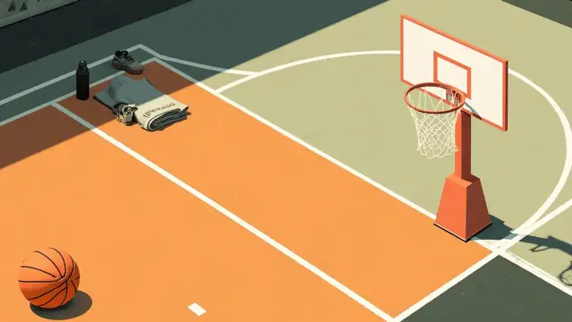 Close-up still life of a new basketball court with a ball, hoop, sneakers, towel and bottle arranged on hardwood.