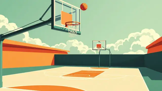 A freshly renovated outdoor basketball court seen from under the hoop, with a tall backboard, glossy playing surface, new bleachers, fencing and two small figures warming up.
