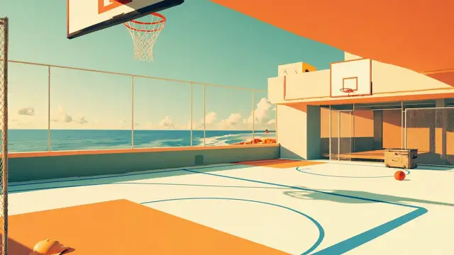 Low-angle view under a brand-new outdoor basketball hoop looking out over a freshly painted coastal court surrounded by new fencing, with a hard hat on a toolbox.