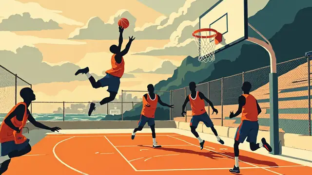 Three faceless silhouettes play on a freshly renovated outdoor basketball court, with a player dunking at the hoop and a coastal city skyline at dusk behind the fence.