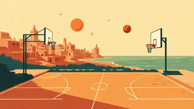 Un terrain de basketball intérieur rénové avec des paniers au premier plan, devant une vue stylisée au coucher du soleil d'une ville côtière historique africaine avec un fleuve et un minaret.
